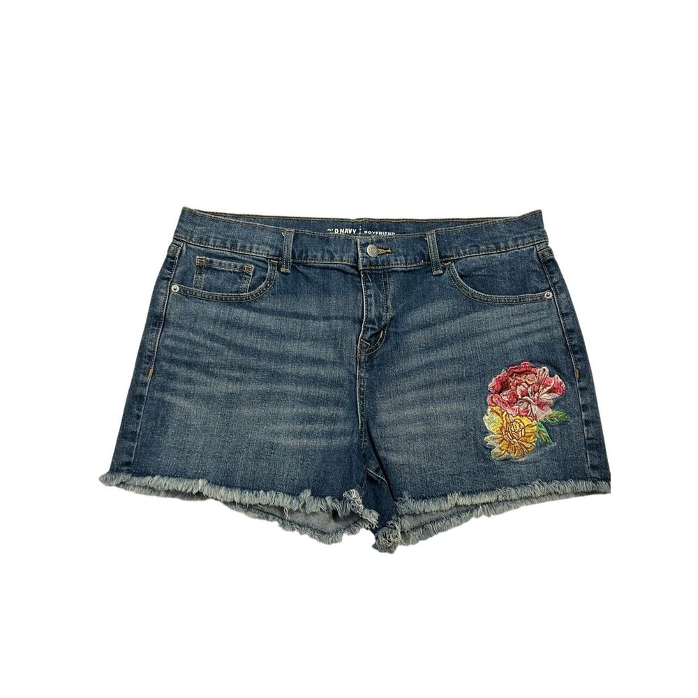 Old Navy Boyfriend Floral Cut-Off Denim Shorts Size 14 Boho Summer Embroidered